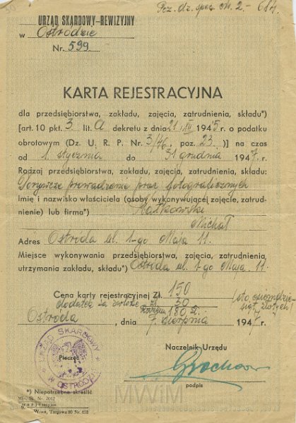 KKE 5291.jpg - Dok. Zakładowa Karta Rejestracyjna Michała Katkowskiego, Ostróda, 7 VIII 1947 r.